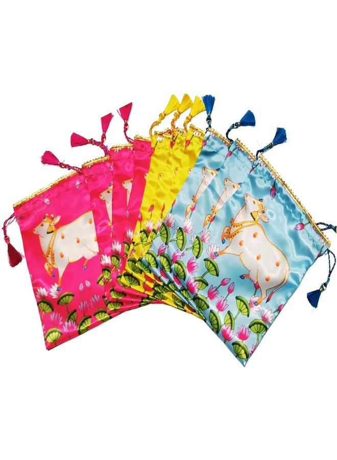 Sri Yagnaa - Pack of 10 - Gomatha Design Potli Bags - Fabric Potli Bags - Women's Silk Drawstring Closure - Gift Pouches - for Return Gifting (Multi-Color) - Image 3